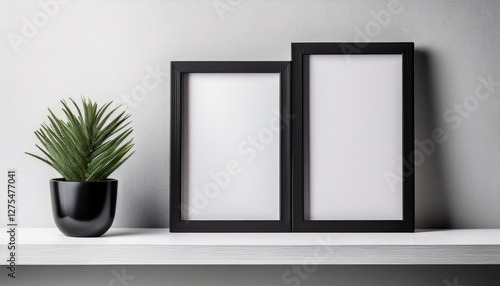 Stark Contrast Black Frames Displaying Poster Art Against a Pristine White Backdrop and a Warm Wooden Shelf, Evoking a Gallerylike Ambiance with an Elegant Minimalism. photo