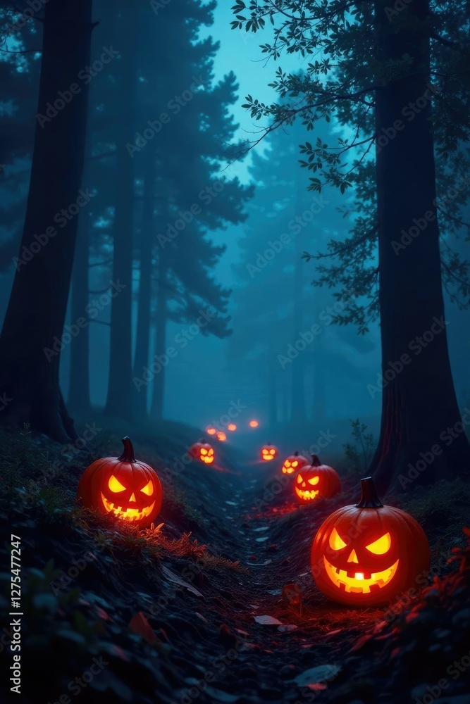Naklejka premium Dark forest with glowing jack o lanterns and eerie fog, mysterious, night, haunted