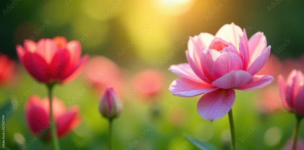 Delicate petals unfold on a serene summer morning, summer flowerbed, blooming, Delicate petals unfold on a serene summer morning, summer flowerbed, blooming,