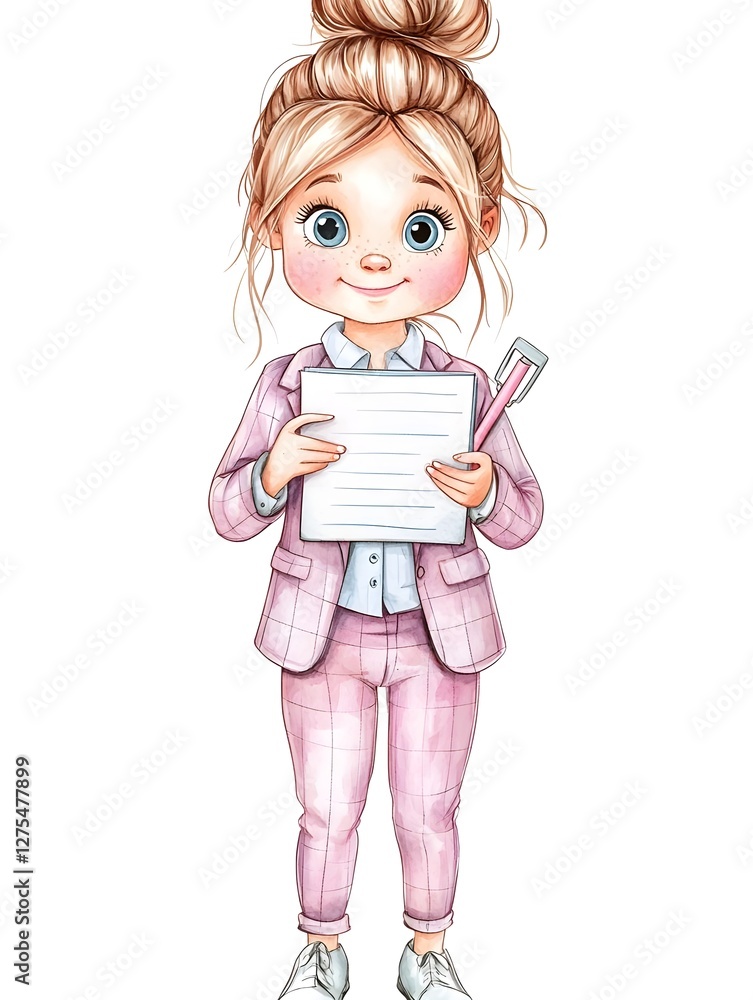 Cute Girl in Pink Suit, Holding Notepad - Watercolor illustrations Cute Girl in Pink Suit, Holding Notepad - Watercolor illustrations