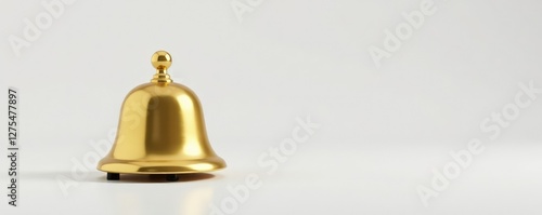 Simple composition of a single golden bell on a plain white surface, simple, object