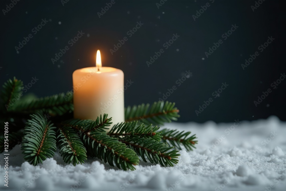 Single burning candle on fir branches against a dark grey backdrop, snow, monochromatic background Single burning candle on fir branches against a dark grey backdrop, snow, monochromatic background