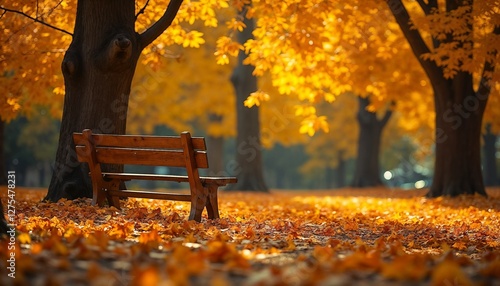 Peaceful Autumn Bench in Park with Golden Leaves