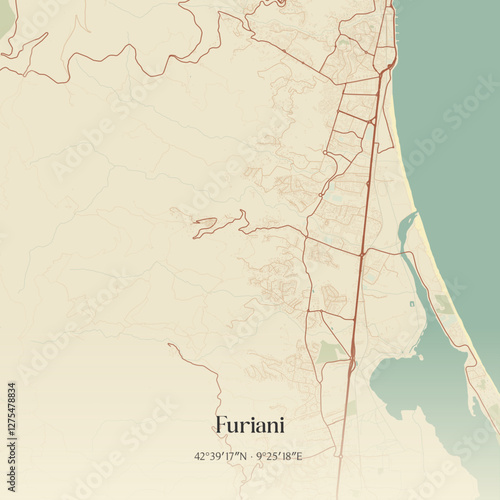 Vintage map of Furiani, France.