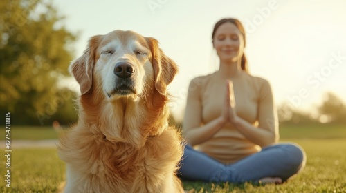 Woman and Dog Practice Yoga Together for Harmony and Bonding in Nature