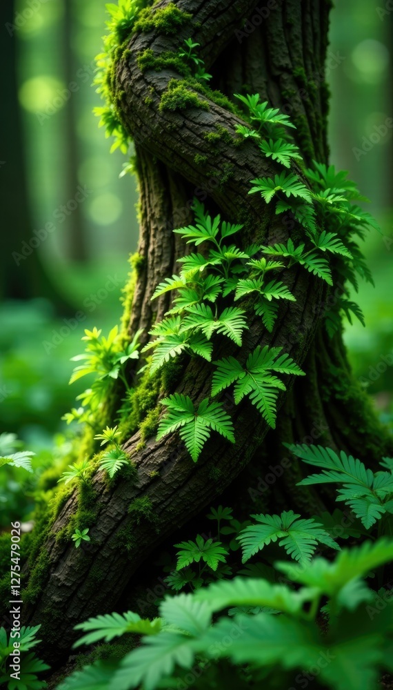 Fototapeta premium Ferns entwined around a tree trunk green lush leaves, ferns, forest scenery, botanical gardens