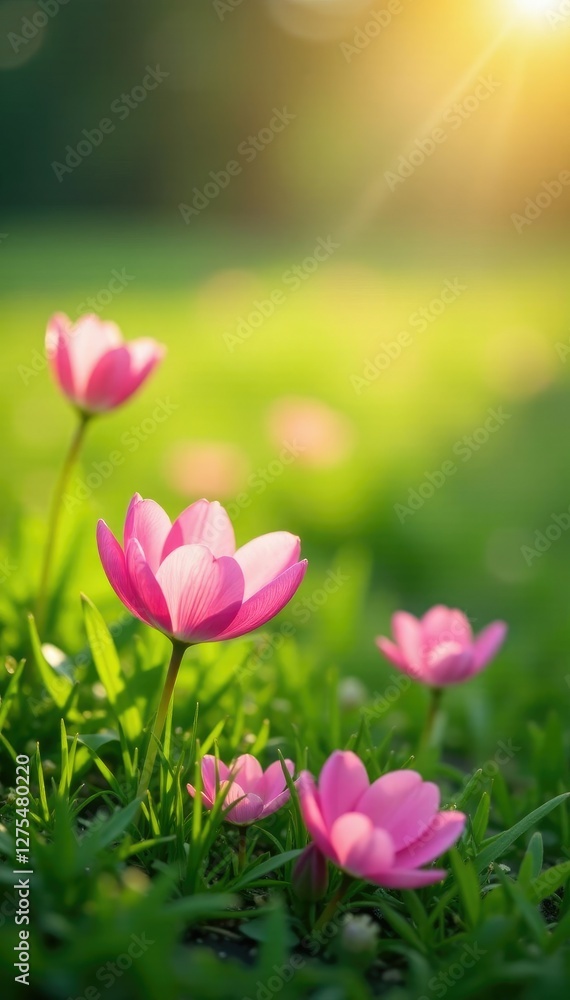 Soft pink petals fall gently on the lush green meadow, flowers, blossom, pink Soft pink petals fall gently on the lush green meadow, flowers, blossom, pink