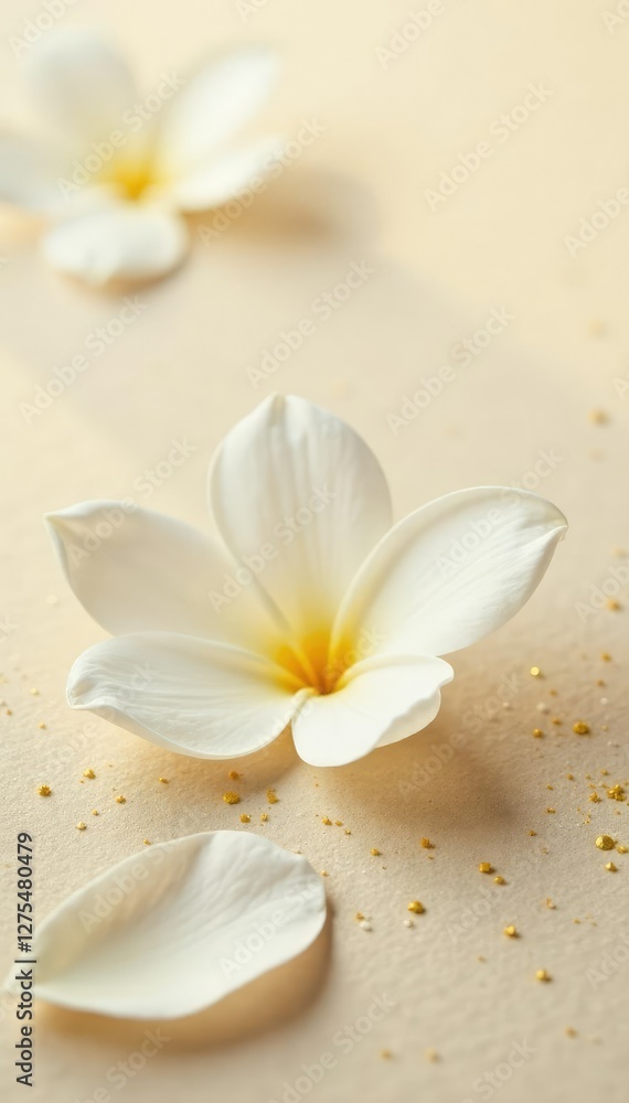 Soft white petals gently unfolding on a beige surface, white, gold glitter, soft focus Soft white petals gently unfolding on a beige surface, white, gold glitter, soft focus
