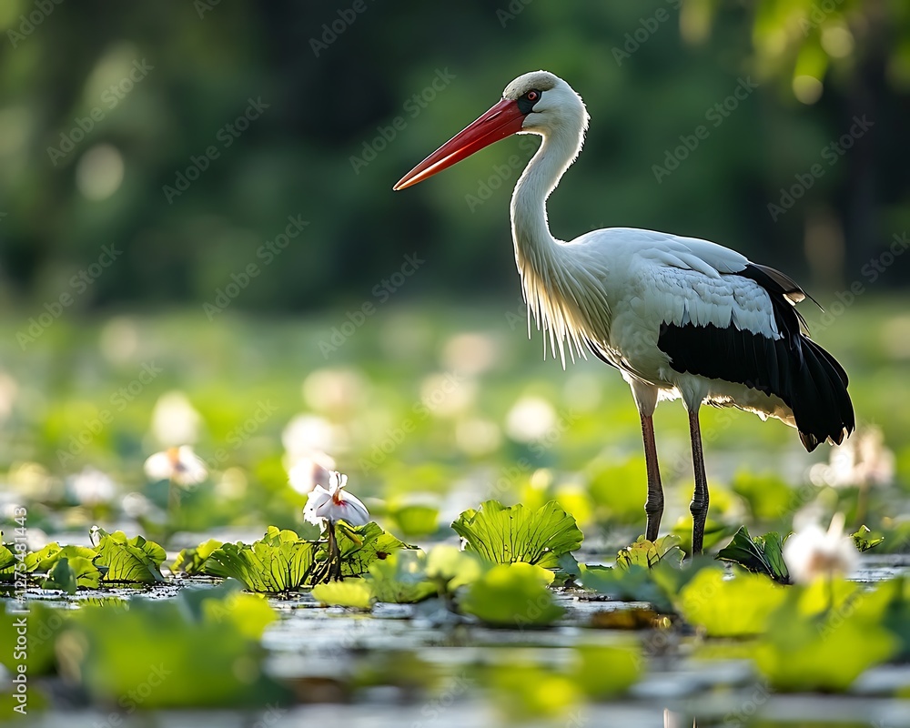 Fototapeta premium Stork wading, lilies, pond, sunrise, wildlife