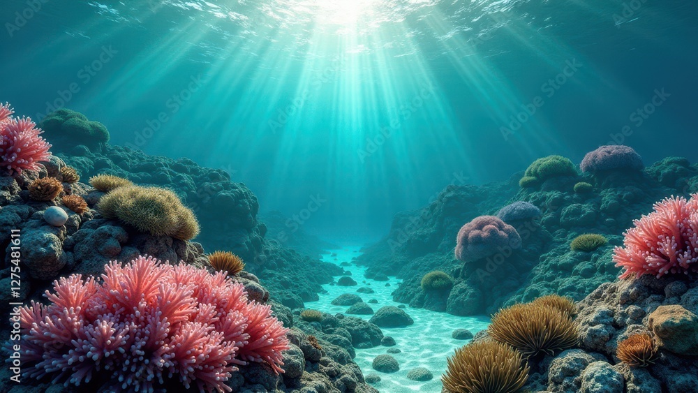 Fototapeta premium Colorful coral reef underwater with sunlight rays illuminating sandy seabed 