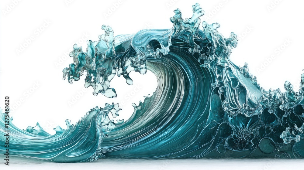 Detailed turquoise sea wave with textured patterns, set against a pure white background, highlighting the beautiful, intricate curves and crest of the wave
