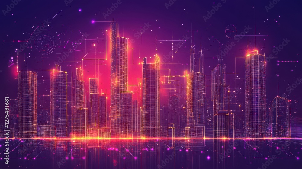 Futuristic City Skyline with Neon Lights and Digital Elements Futuristic City Skyline with Neon Lights and Digital Elements