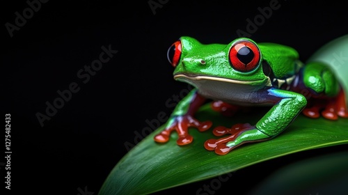 Vibrant red-eyed tree frog on leaf tropical rainforest close-up photography dark background nature's beauty photo