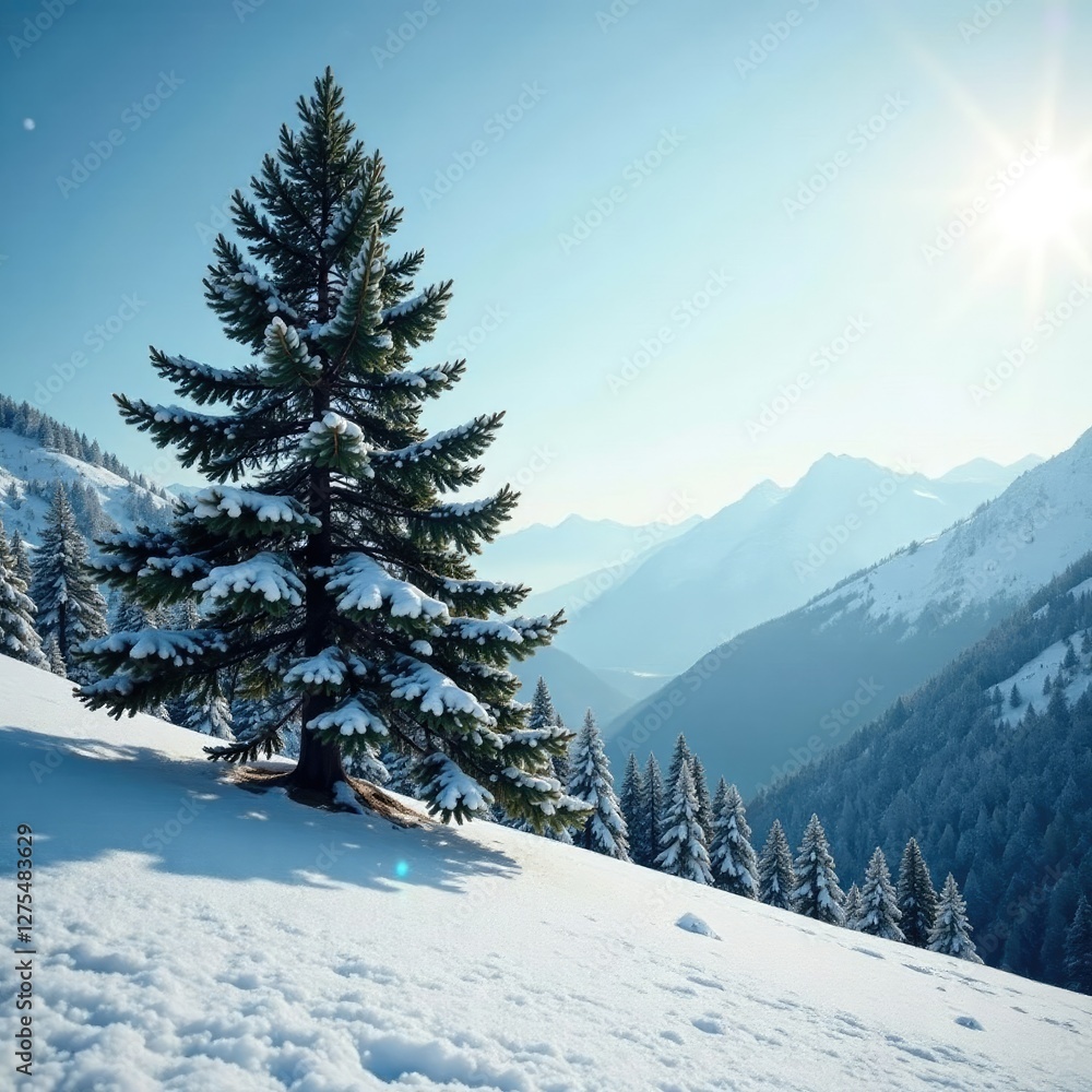 Fototapeta premium majestic pine tree rises above a snowy expanse, pine tree, evergreen