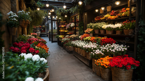 A beautifully decorated European flower boutique, with an array of colorful fresh-cut flowers displayed in baskets and vases, creating a warm and inviting atmosphere.