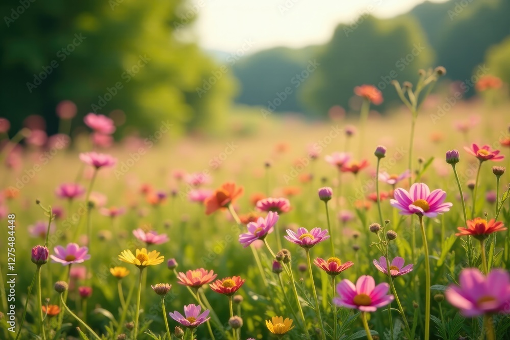 Wildflowers swaying gently in the warm breeze, pink, trees, wind Wildflowers swaying gently in the warm breeze, pink, trees, wind