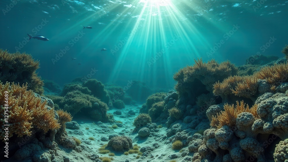 Fototapeta premium Underwater coral reef with sunlight rays illuminating sandy seabed and corals 