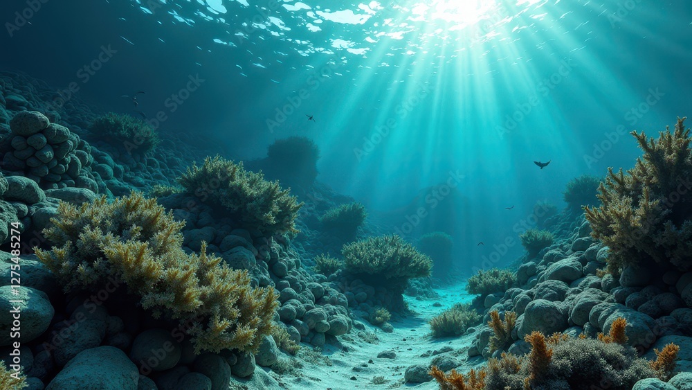 Underwater coral reef with sunlight rays illuminating sandy seabed and corals Underwater coral reef with sunlight rays illuminating sandy seabed and corals