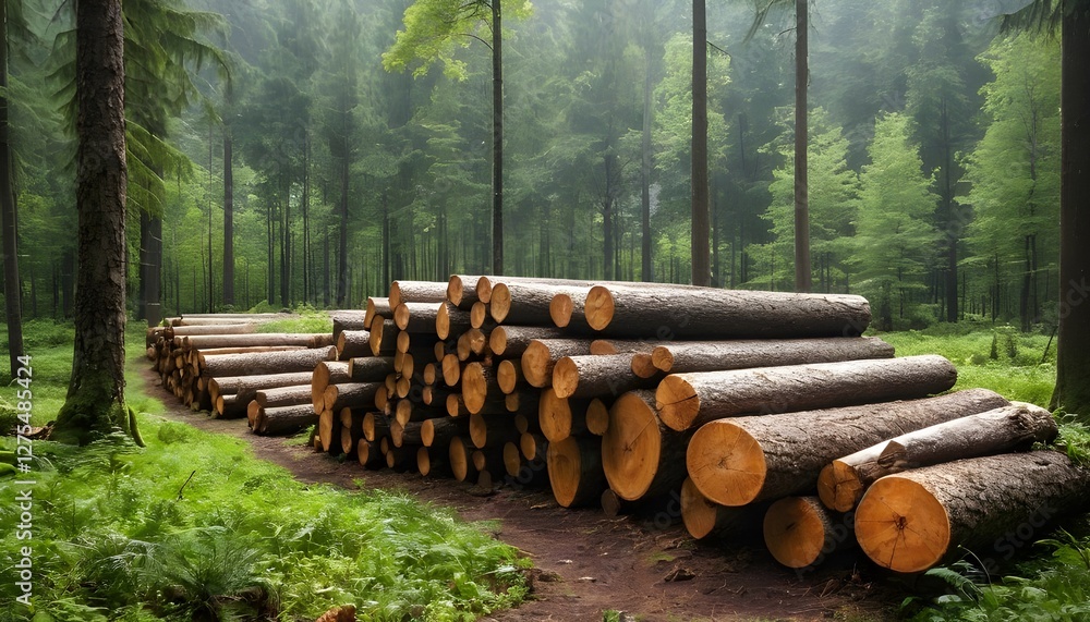 Logs in a forest clearing symbolize sustainable harvesting practices.