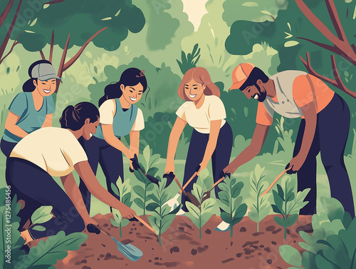 Diverse group of people engaging in tree planting activity in lush green park