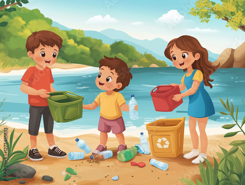 Youthful group engaged in volunteer river cleanup during sunny day in forested area