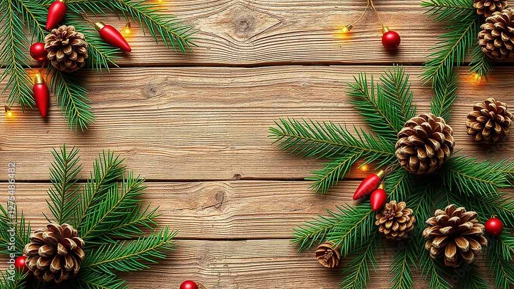 Rustic Christmas Background, Fir Branches, Pine Cones, Wooden Planks, Holiday Flat Lay, Copy Space Rustic Christmas Background, Fir Branches, Pine Cones, Wooden Planks, Holiday Flat Lay, Copy Space