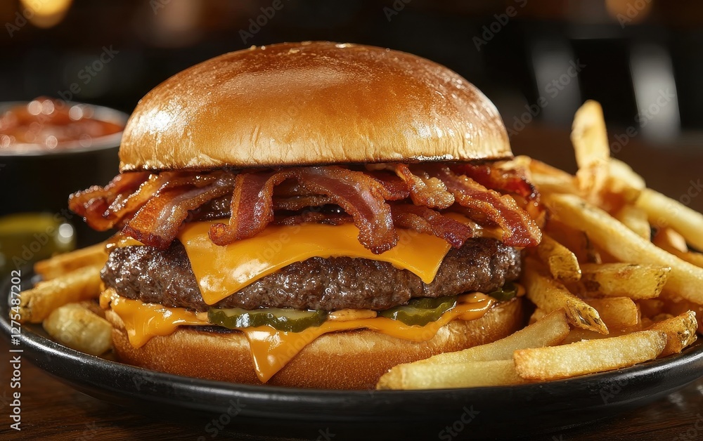 Delicious Big Juicy Hamburger with Cheese and Crispy Bacon Strips Ready to Satisfy Your Cravings Delicious Big Juicy Hamburger with Cheese and Crispy Bacon Strips Ready to Satisfy Your Cravings