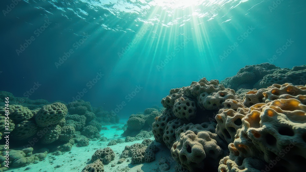 Obraz premium Bleached coral reef underwater with sunlight rays illuminating marine life