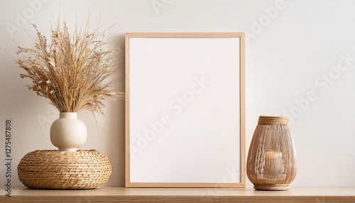 Elegant Vintage Ambiance Beige Wooden Frame Showcasing Dried Grass and Wicker Basket Lamp Amidst a Serene Empty Space, Invoking a Cozy Autumnal Mood