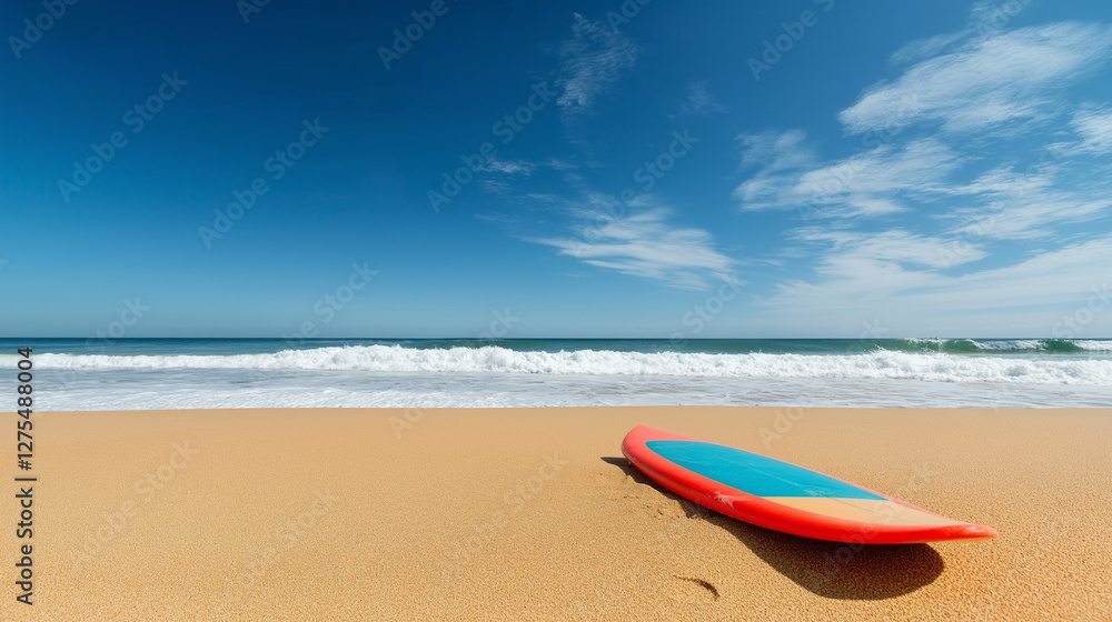 A brightly colored surfboard resting on soft golden sand, with gentle waves rolling in the background under a bright blue sky, evoking a relaxed beach vibe. A brightly colored surfboard resting on soft golden sand, with gentle waves rolling in the background under a bright blue sky, evoking a relaxed beach vibe.