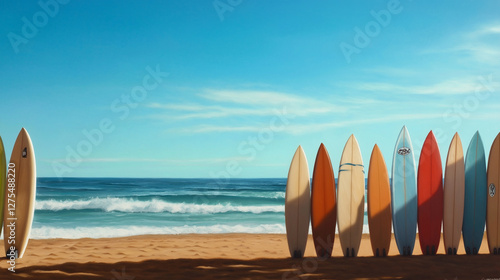 A group of surfboards lined up on the sandy shore, with crystal-clear waves in the background and surfers preparing for their next ride in the golden morning light.