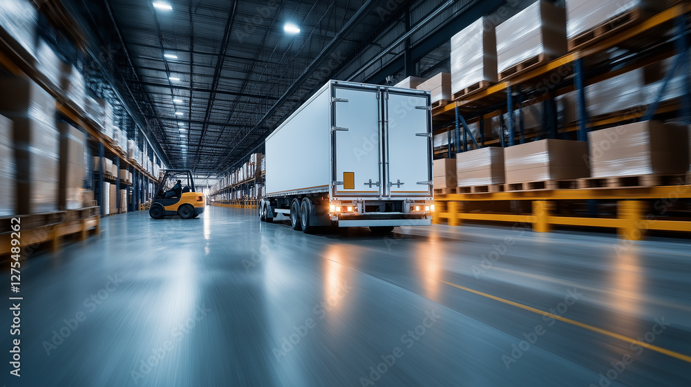 A white transport truck at a warehouse facility, its back doors open to display well-organized boxes, with conveyor belts and forklifts actively moving shipments. A white transport truck at a warehouse facility, its back doors open to display well-organized boxes, with conveyor belts and forklifts actively moving shipments.