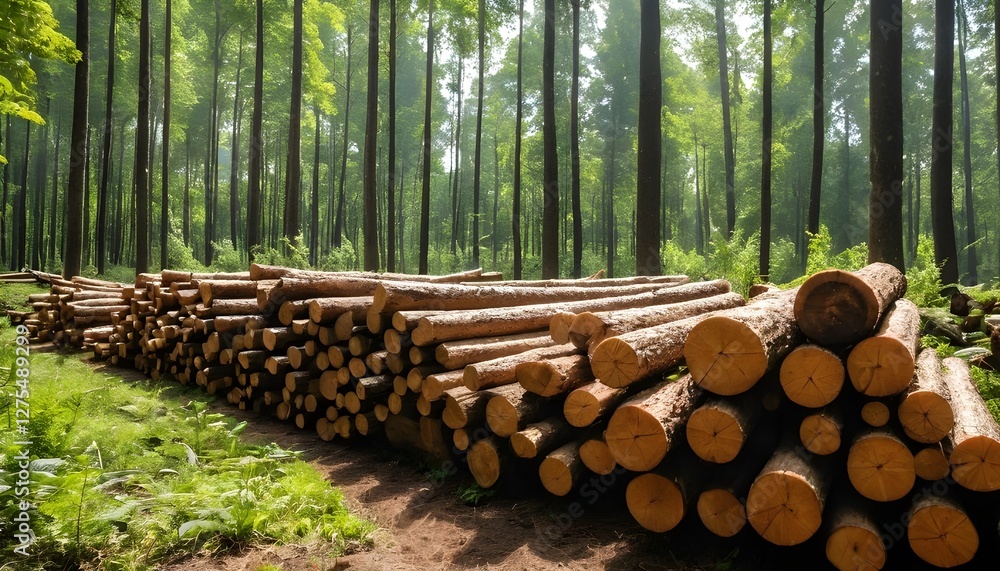 Logs in a forest clearing symbolize sustainable harvesting practices. Logs in a forest clearing symbolize sustainable harvesting practices.