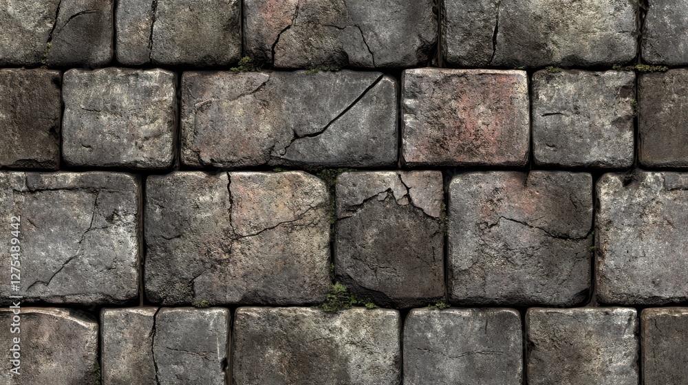 Textured Grey Stone Wall with Cracks and Moss Details Textured Grey Stone Wall with Cracks and Moss Details