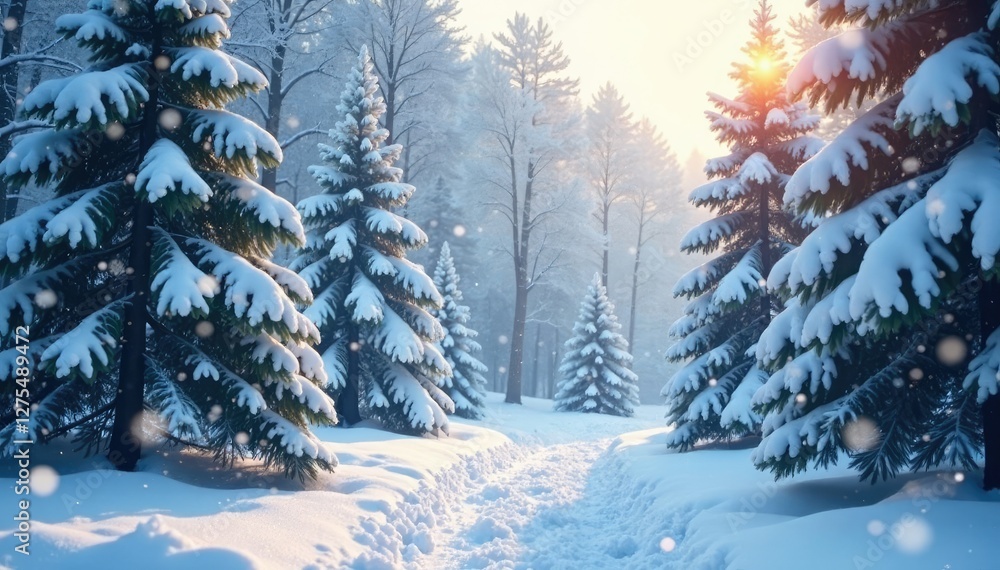 Naklejka premium Softly falling snowflakes create a serene winter atmosphere, snow covered trees, winter wonderland, cold climate