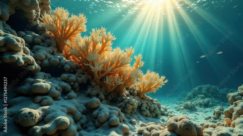 Naklejka premium Sunlight shining through water onto underwater coral reef affected by bleaching 