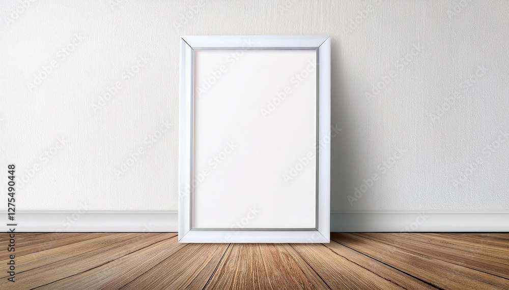 Striking White Frame Mockup against Wooden Floor and Minimalist White Wall, Showcasing Sophisticated 3D Illustrations with Depth and Texture. Striking White Frame Mockup against Wooden Floor and Minimalist White Wall, Showcasing Sophisticated 3D Illustrations with Depth and Texture.