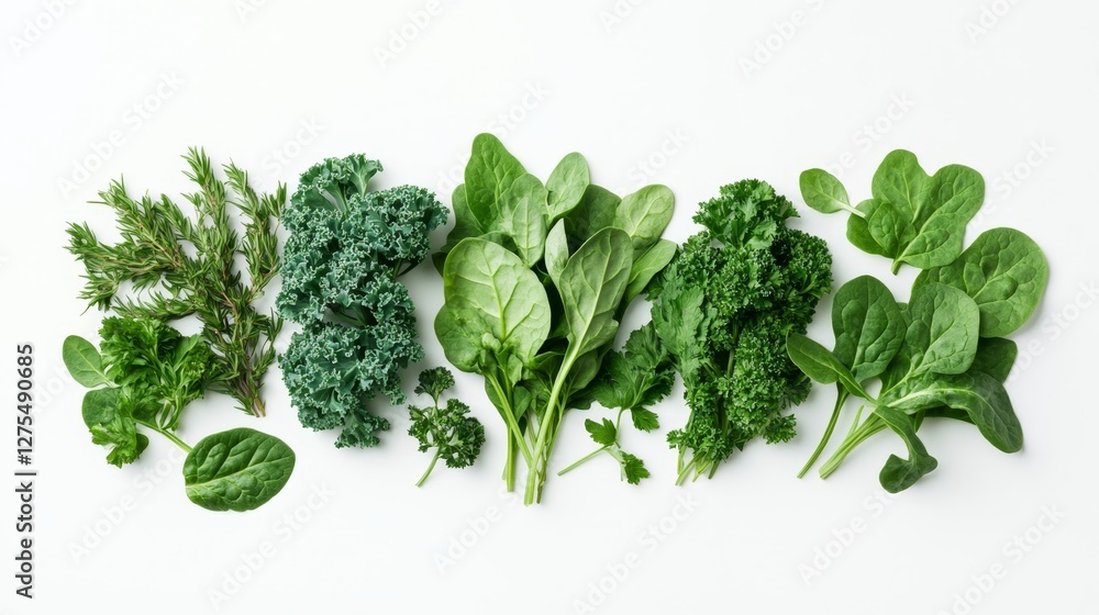 Fototapeta premium Fresh Isolated Greens Featuring Kale and Spinach on White Background