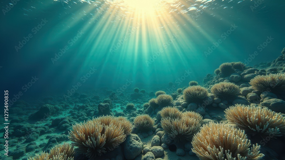 Fototapeta premium Sunlight shining through water onto underwater coral reef affected by bleaching 