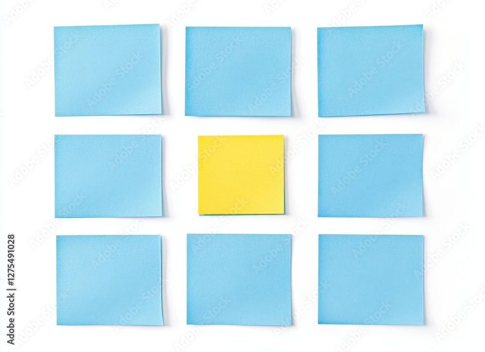 Minimalist composition of ten light blue sticky notes arranged neatly on a clean white background. Minimalist composition of ten light blue sticky notes arranged neatly on a clean white background.