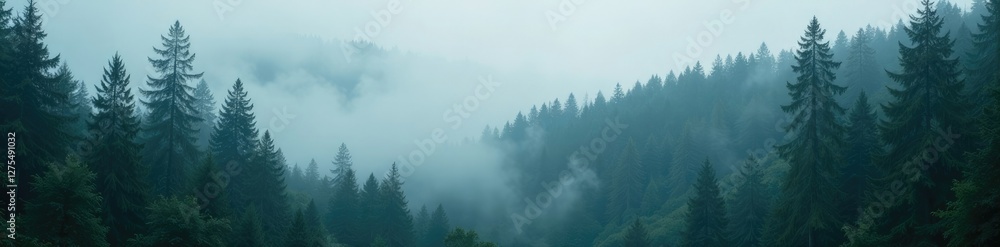 Thick fog envelops the dense foliage of the spruce forest at dawn, forest, natural light, rainy scene Thick fog envelops the dense foliage of the spruce forest at dawn, forest, natural light, rainy scene