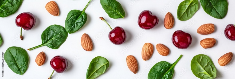 Fresh Cherries and Raw Almonds with Spinach on White Background Fresh Cherries and Raw Almonds with Spinach on White Background