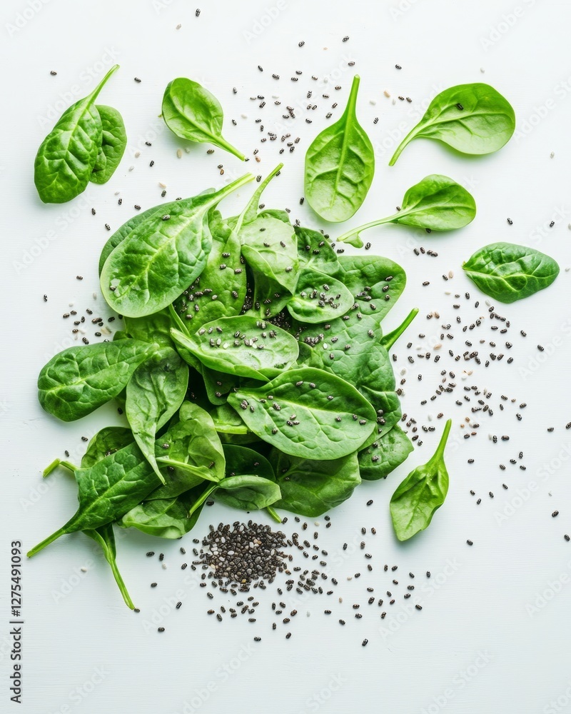 Obraz premium Fresh Spinach Leaves and Chia Seeds Flatlay on White Background