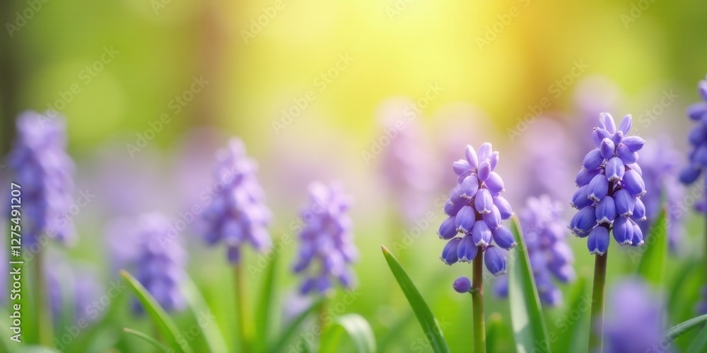 Obraz premium A sunlit meadow of delicate purple spring blossoms, softly blurred background, showcasing nature's vibrant beauty and tranquil atmosphere
