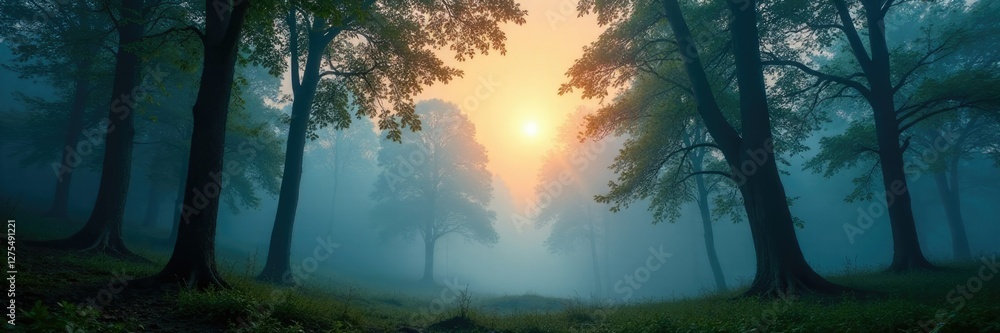 Obraz premium Tree branches stretch toward the sky in a misty forest, misty, sky