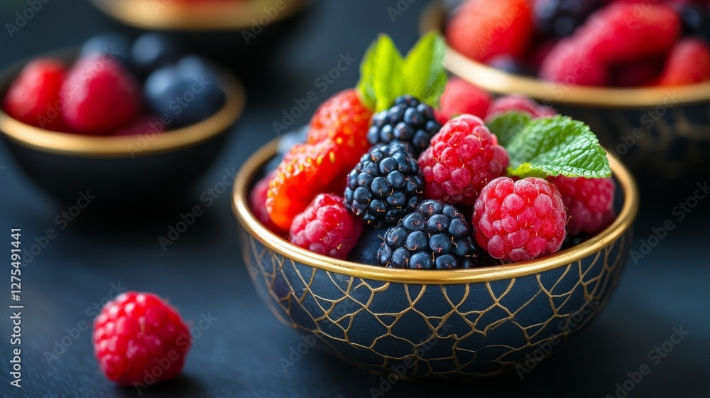 Luxurious Presentation of Fresh Berries in Golden Rimmed Bowls Luxurious Presentation of Fresh Berries in Golden Rimmed Bowls
