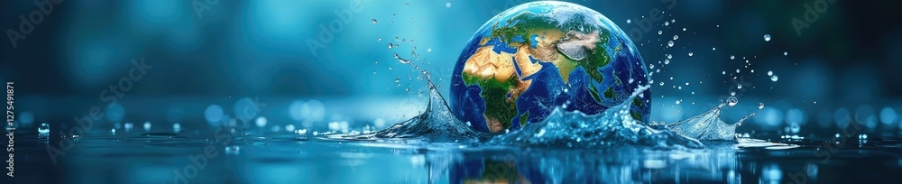 Fototapeta premium Water droplets splashing from the surface of a globe, liquid, drops