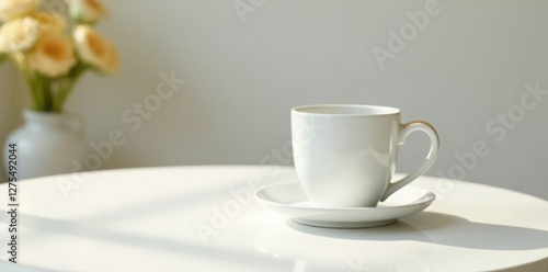 Wallpaper Mural White and gold accents adorn a simple white table holding an empty white mug, elegance, simplicity, white Torontodigital.ca