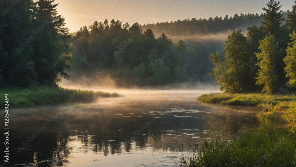 Fototapeta premium Early morning sunlight illuminates the misty river and rolling hills covered with forest.