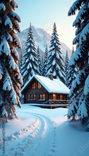 Wallpaper Mural Wooden cabin nestled among snow-covered trees, snow, forest landscape, cabin Torontodigital.ca